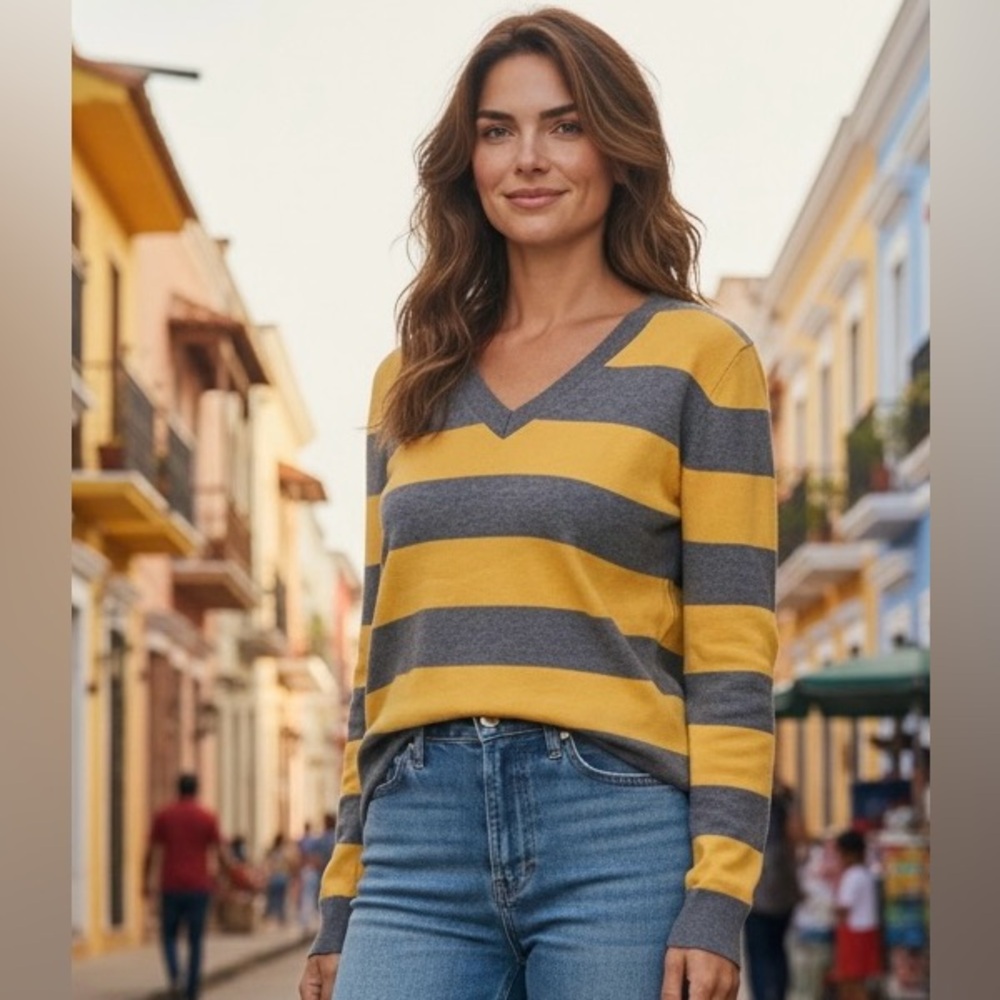 LOFT yellow gray striped lightweight knit sweater M workwear